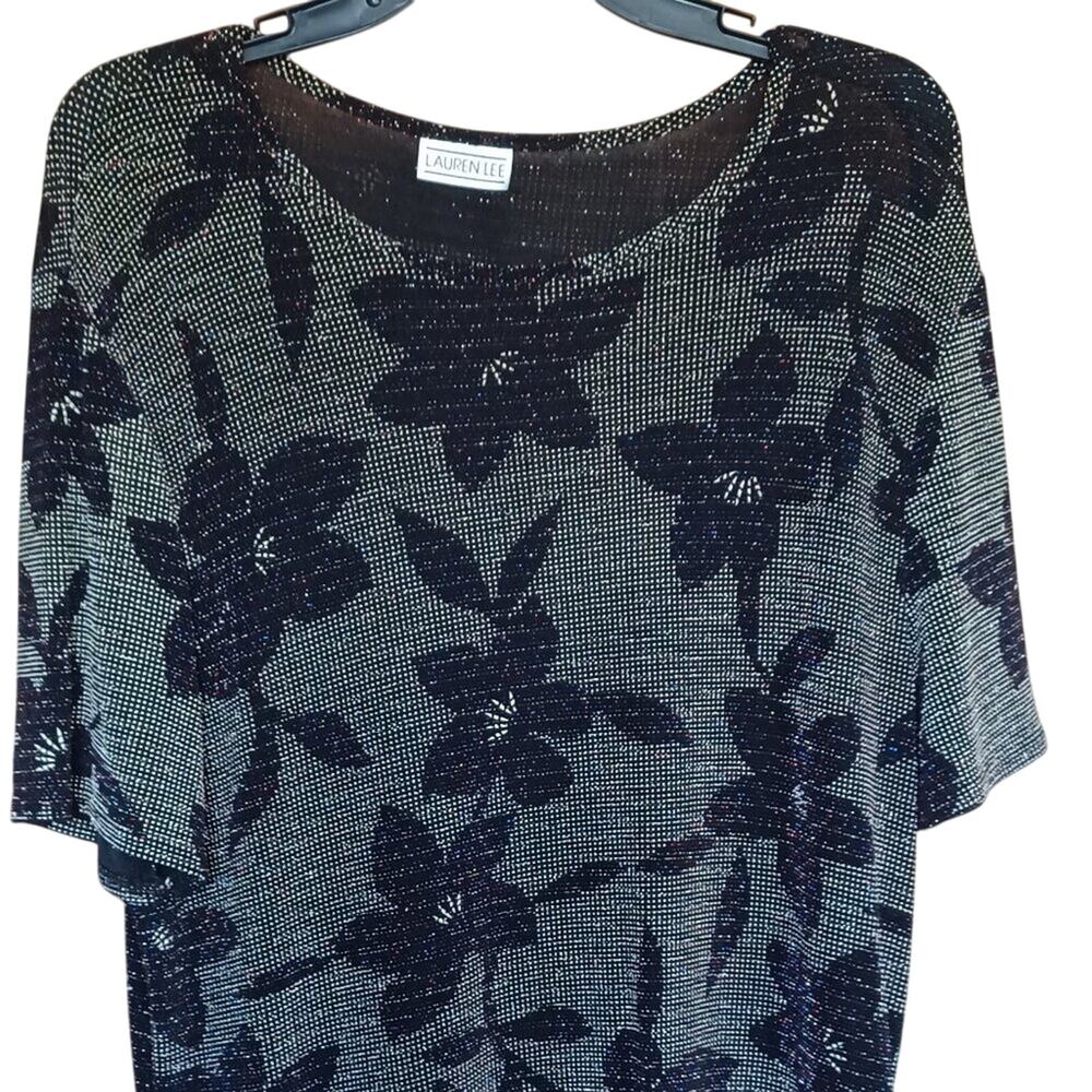 LAUREN LEE Women's Large Glittery Short sleeve top with floral design Glam